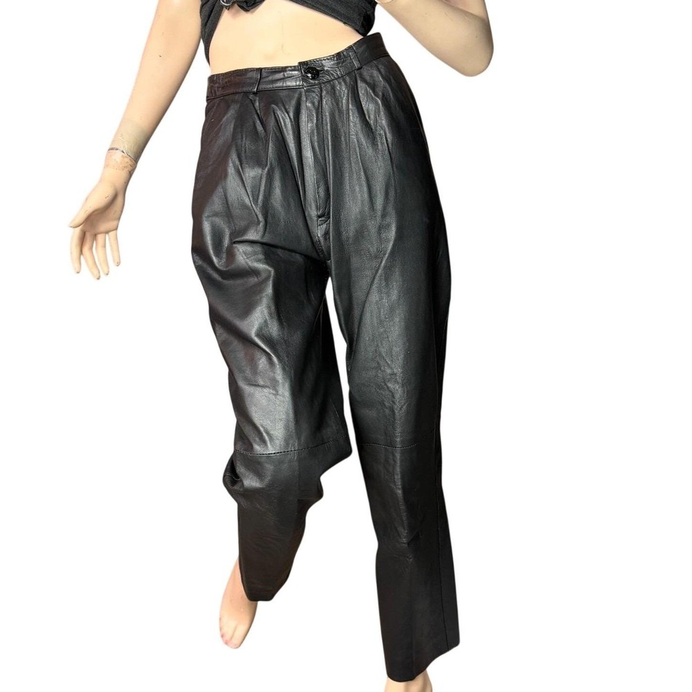 Vintage 90s Echtes Leder Black Leather Pants High Waist Zip Up Old Money Goth  S